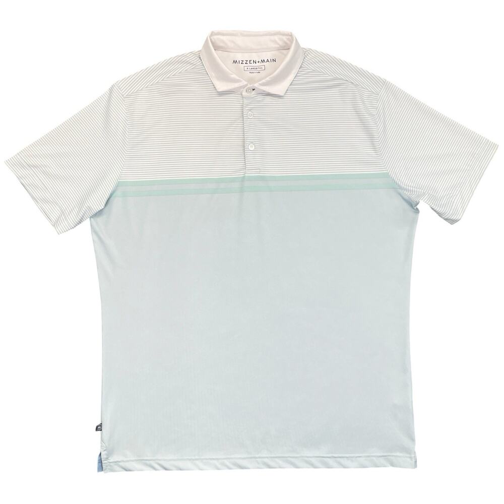 Mizzen+Main Men’s XL Trim Fit Performance Golf Polo Blue Seafoam Green Stripe